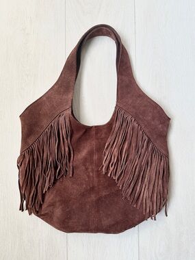 Lucky Brand Genuine Suede Leather Nyra Fringe Hobo Tote Bag Cappuccino Brown